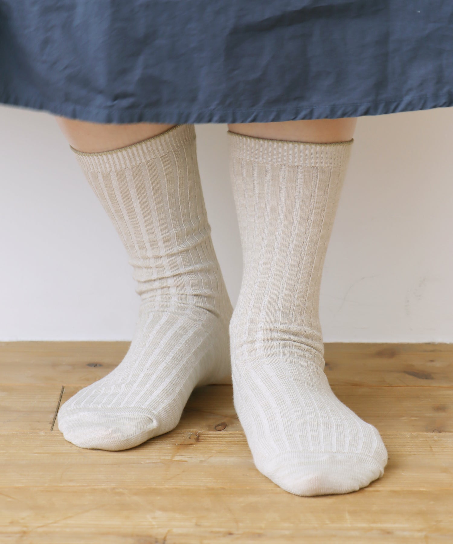 【1P】コットン リネン リブ クルーソックス