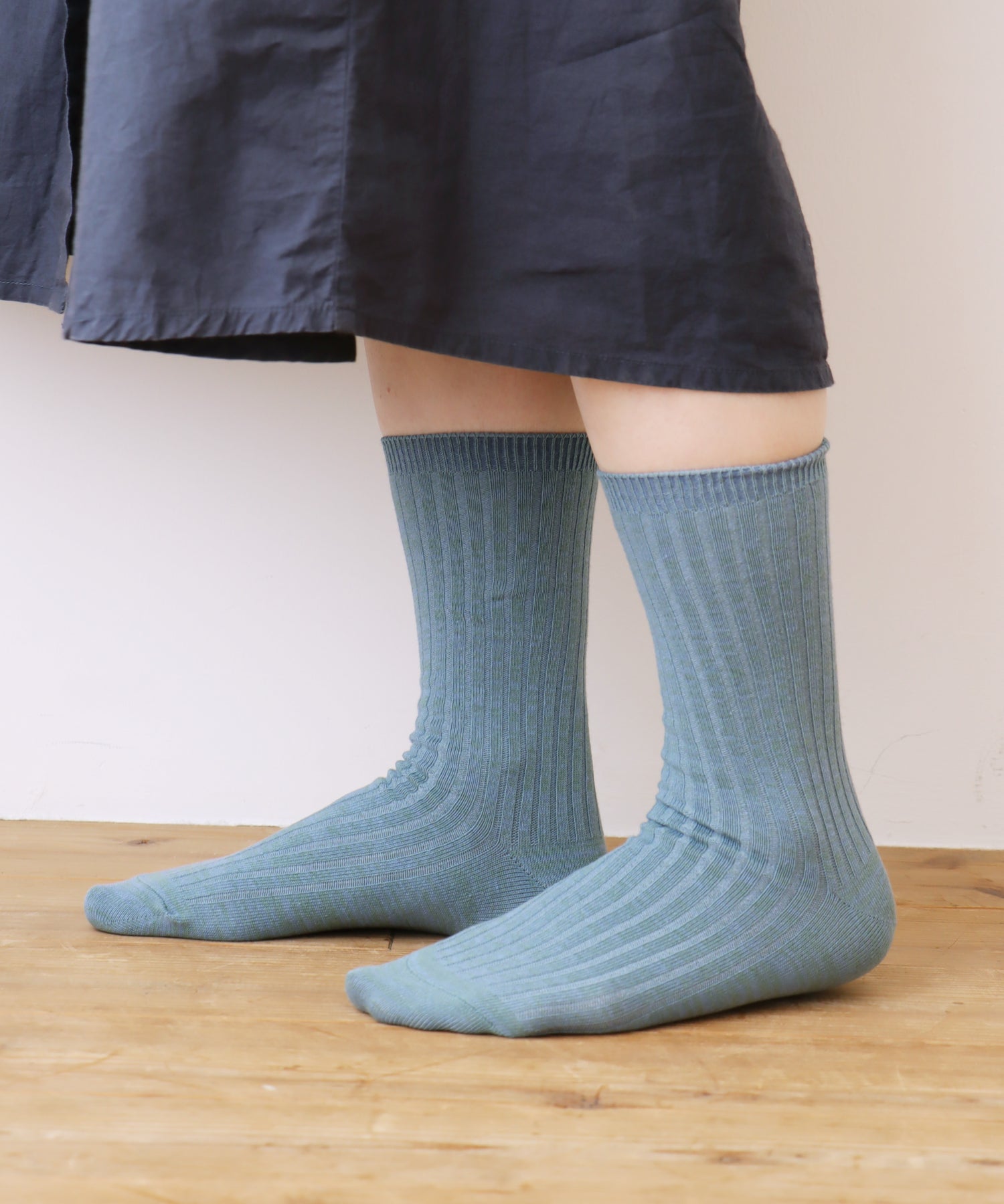 【1P】コットン リネン リブ クルーソックス