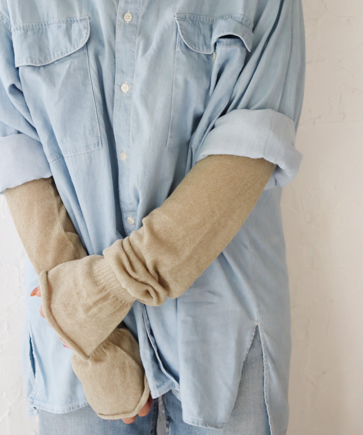 UV加工 コットンリネン ゆる編み アームカバー