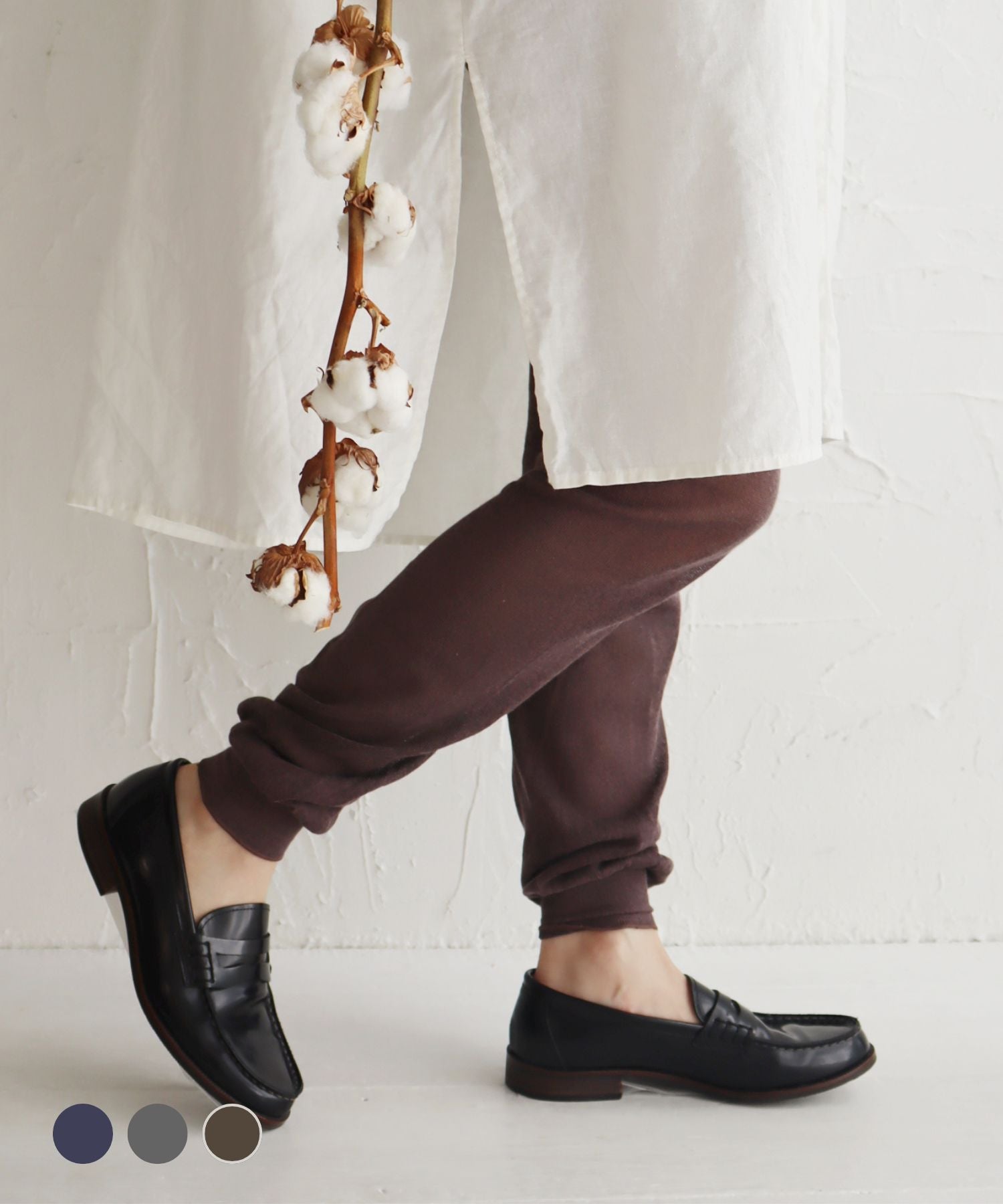 涼しい秋色のゆるっとガーゼ編み コットン レギンス